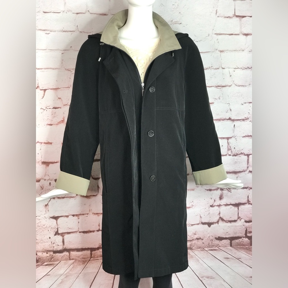 GALLERY Black & Taupe Trench Coat Raincoat detach Hood Size Medium 37” Length - Picture 16 of 16